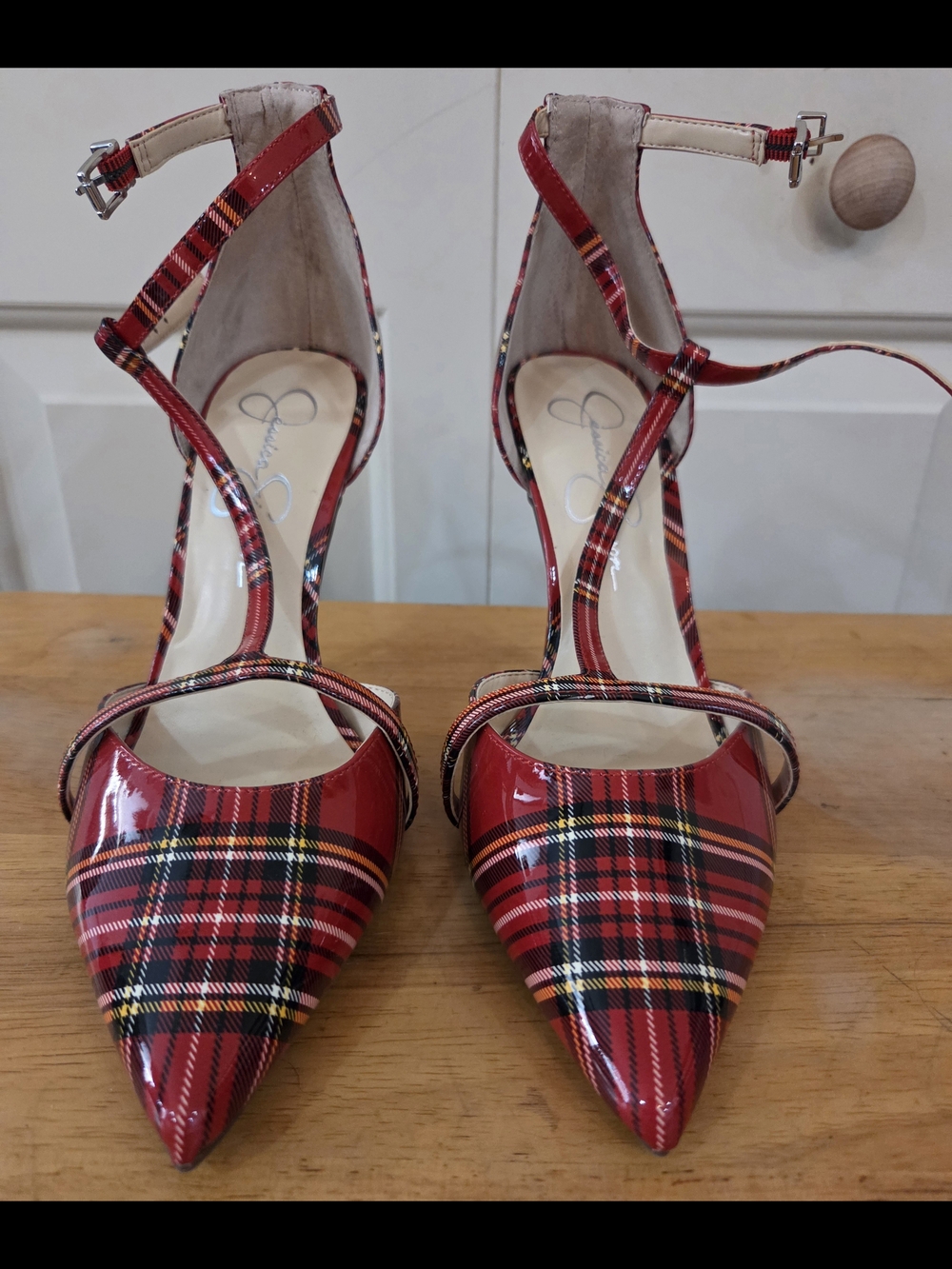 Jessica Simpson Red Plaid Patent Pointed-Toe Ankle-Strap Heels